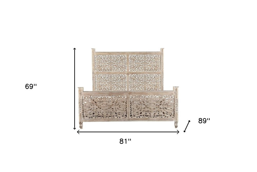 Gray Carved Floral Solid Wood King Bed Frame HomeRoots
