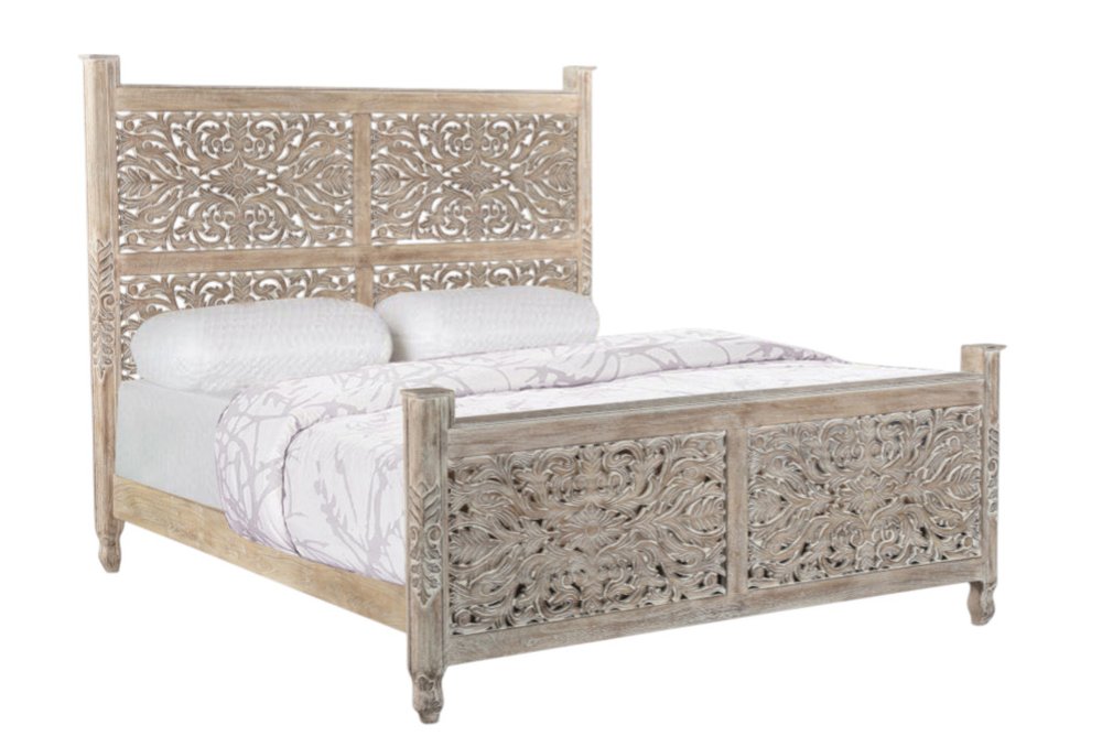 Gray Carved Floral Solid Wood King Bed Frame HomeRoots