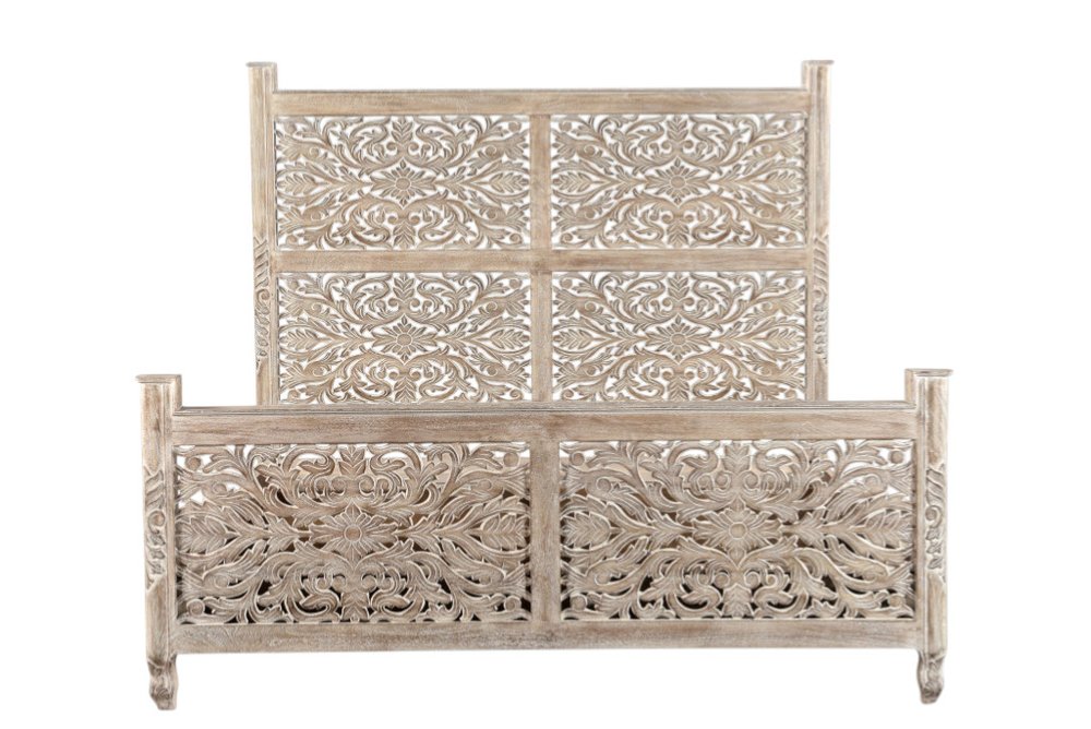 Gray Carved Floral Solid Wood King Bed Frame HomeRoots