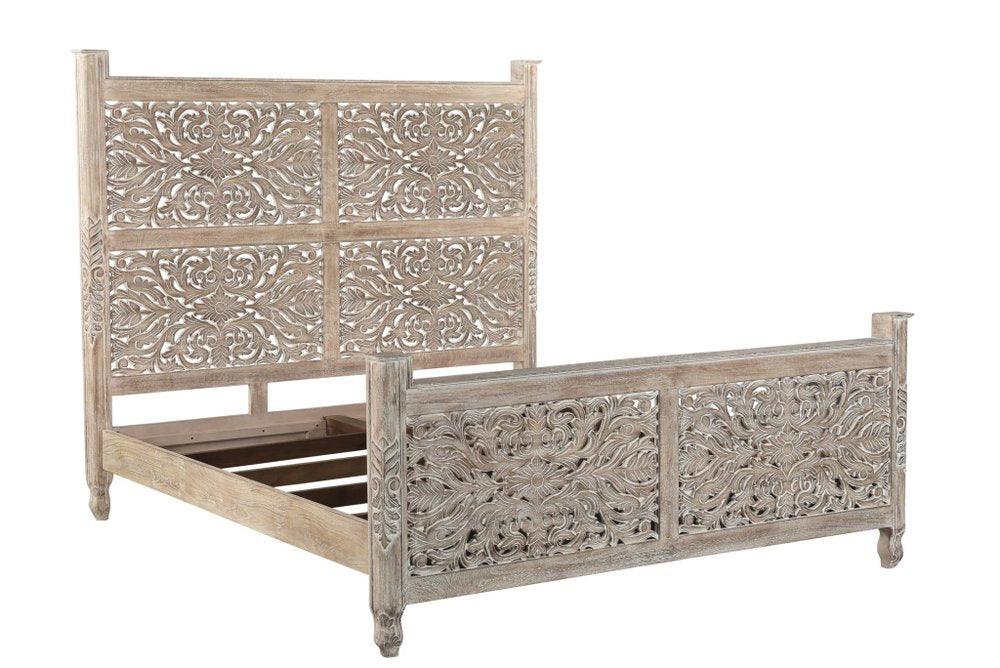 Gray Carved Floral Solid Wood King Bed Frame HomeRoots