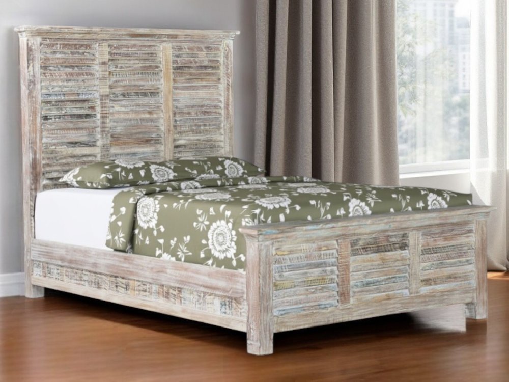 White Carved Geometric Distressed Reclaimed Wood Queen Bed Frame HomeRoots