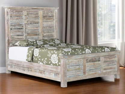 White Carved Geometric Distressed Reclaimed Wood Queen Bed Frame HomeRoots