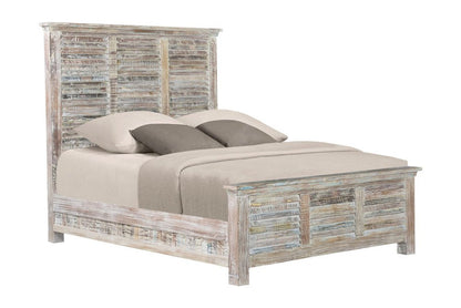 White Carved Geometric Distressed Reclaimed Wood Queen Bed Frame HomeRoots