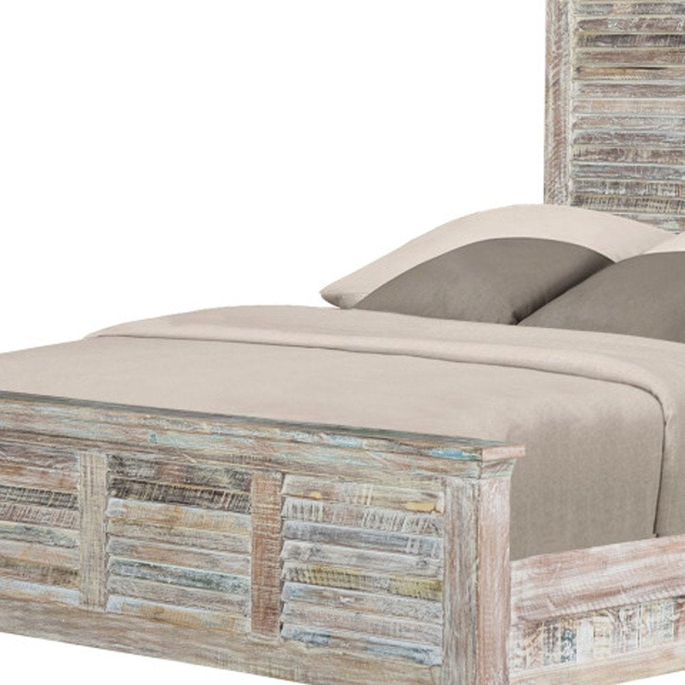White Carved Geometric Distressed Reclaimed Wood Queen Bed Frame HomeRoots