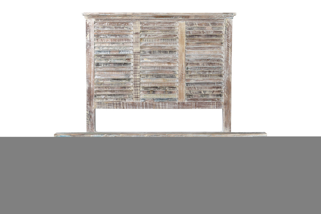 Distressed White and Multi Shutter Style Reclaimed Wood Queen Bed