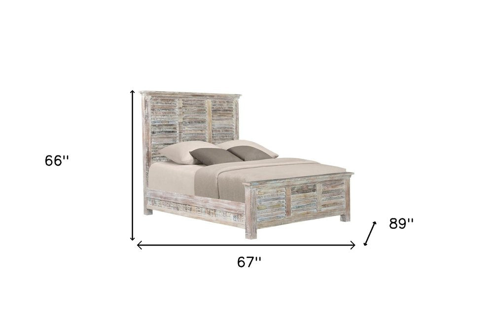 White Carved Geometric Distressed Reclaimed Wood Queen Bed Frame HomeRoots