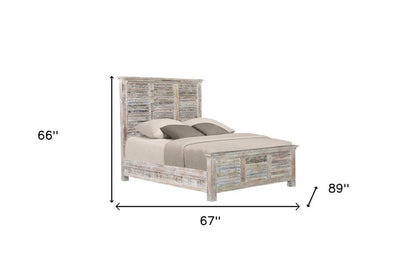 White Carved Geometric Distressed Reclaimed Wood Queen Bed Frame HomeRoots