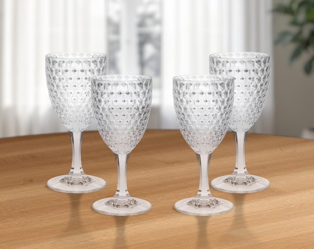 Set of Four Clear Diamond Acrylic Stemmed All Purpose Wine Glass HomeRoots