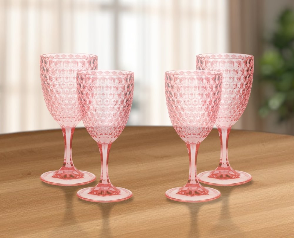 Set of Four Pink Diamond Acrylic Stemmed All Purpose Wine Glass HomeRoots