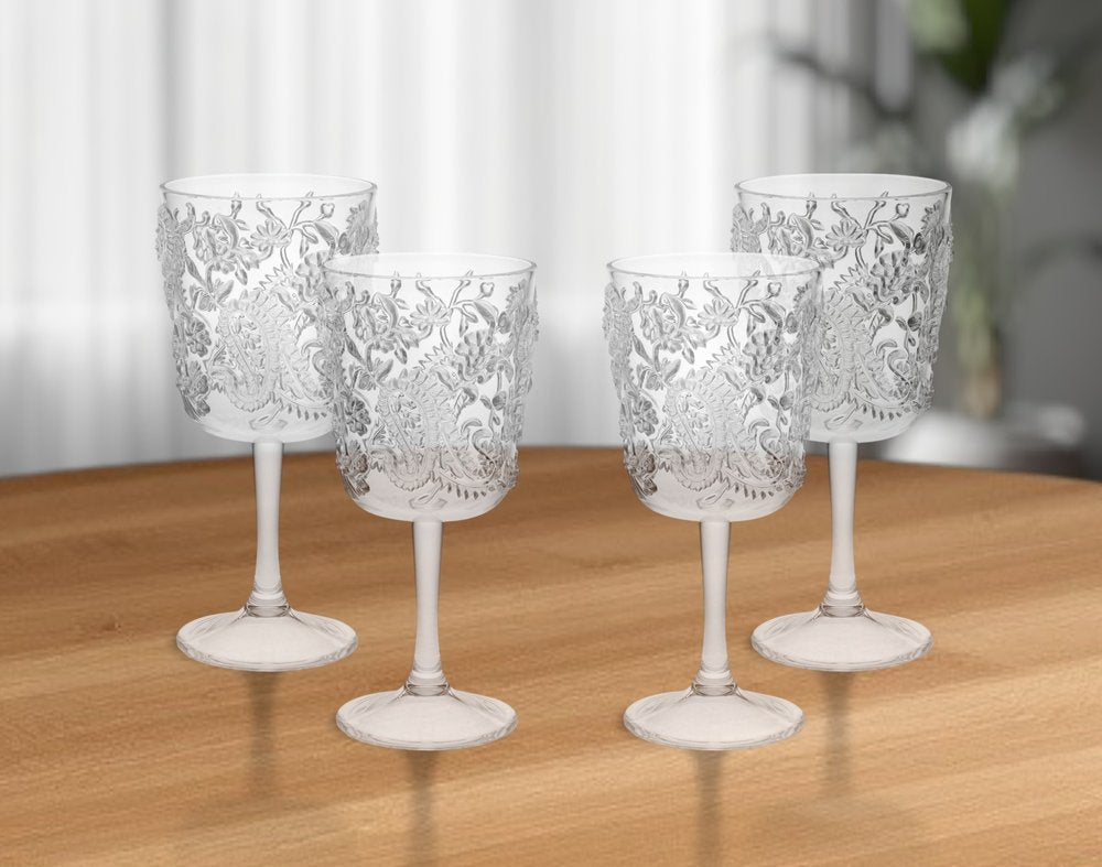 Set of Four Clear Paisley Acrylic Stemmed All Purpose Wine Glass HomeRoots