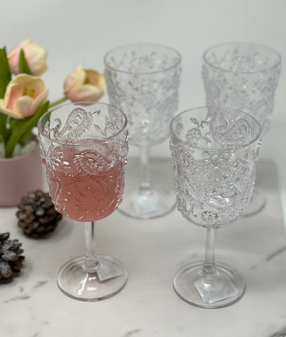 Set of Four Clear Paisley Acrylic Stemmed All Purpose Wine Glass HomeRoots
