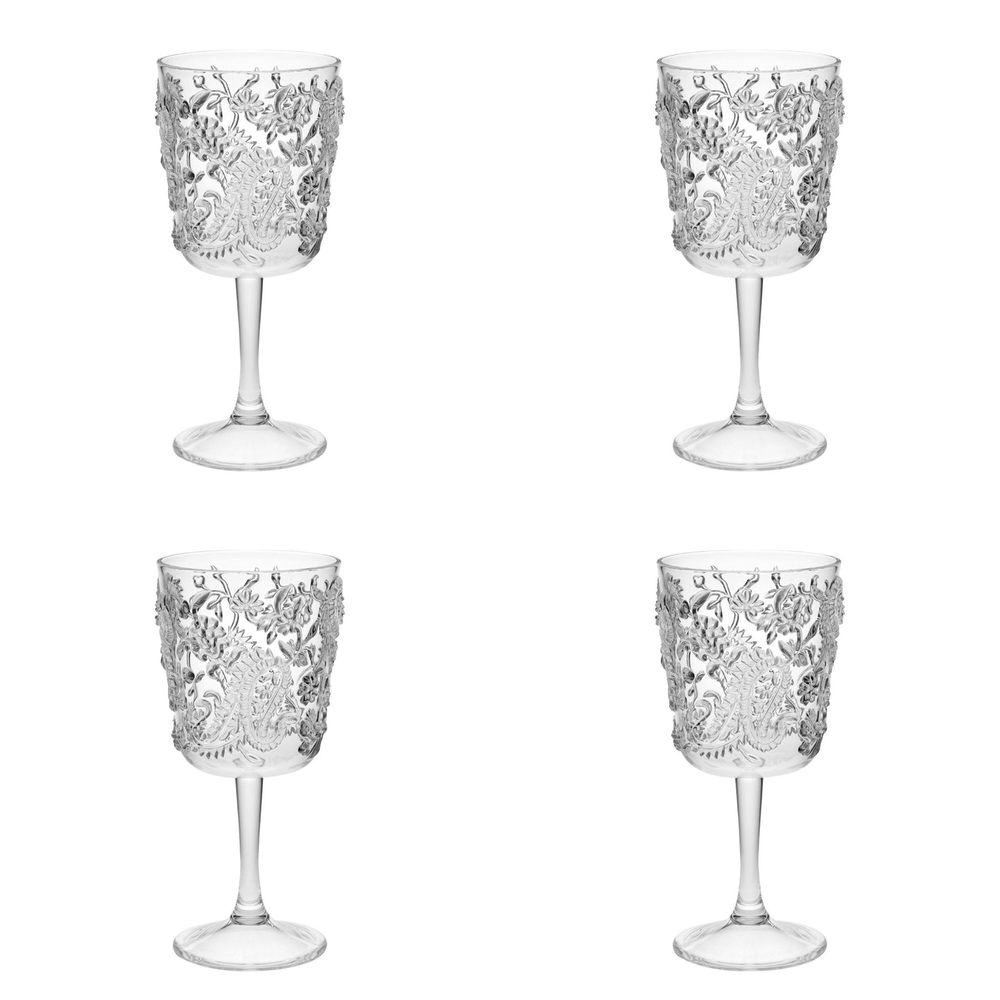 Set of Four Clear Paisley Acrylic Stemmed All Purpose Wine Glass