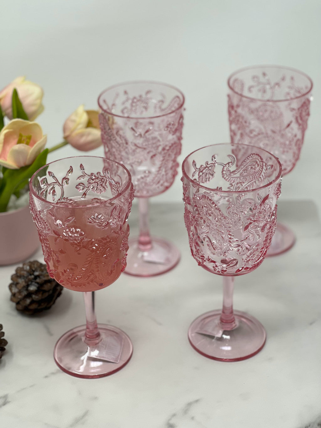 Set of Four Pink Paisley Acrylic Stemmed All Purpose Wine Glass