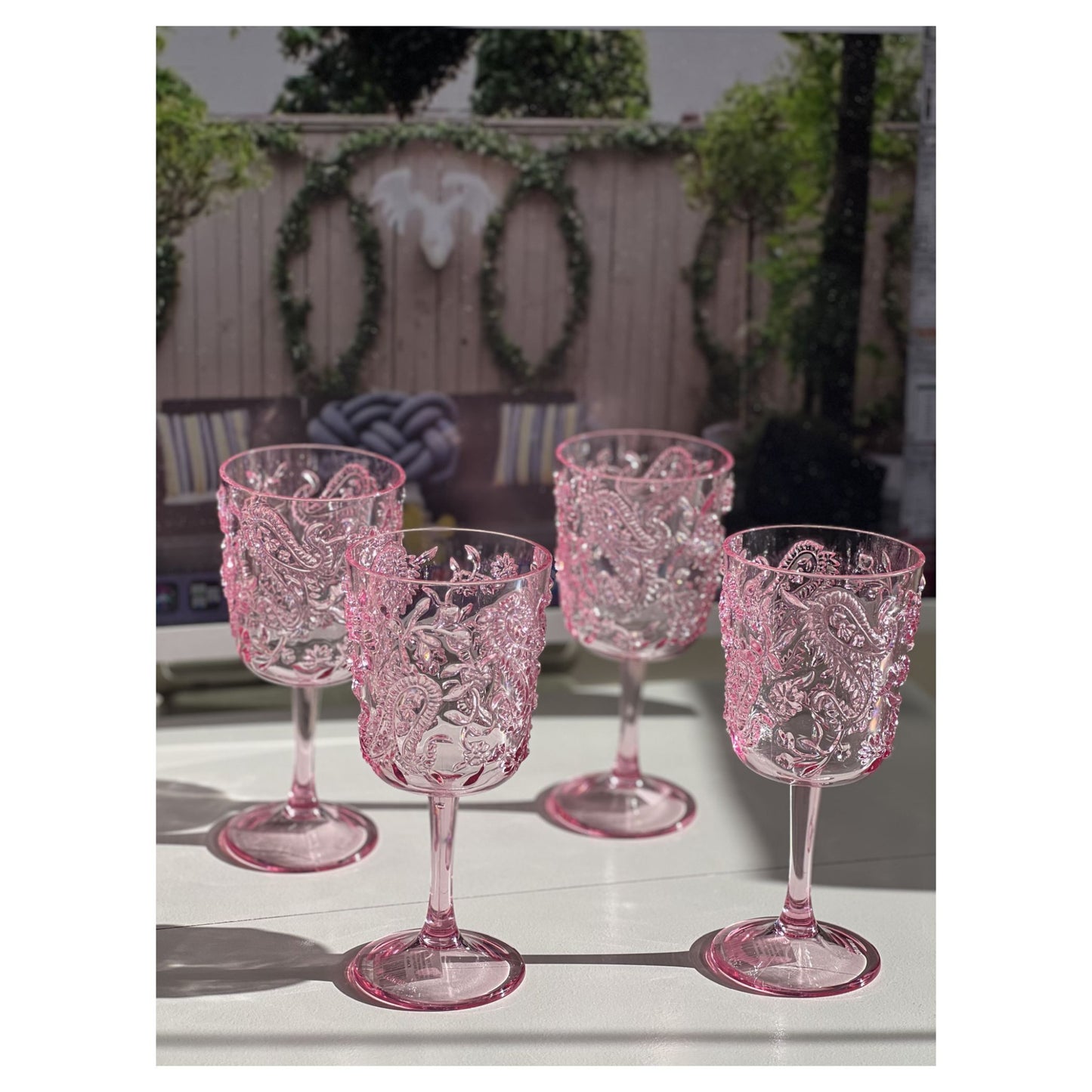 Set of Four Pink Paisley Acrylic Stemmed All Purpose Wine Glass