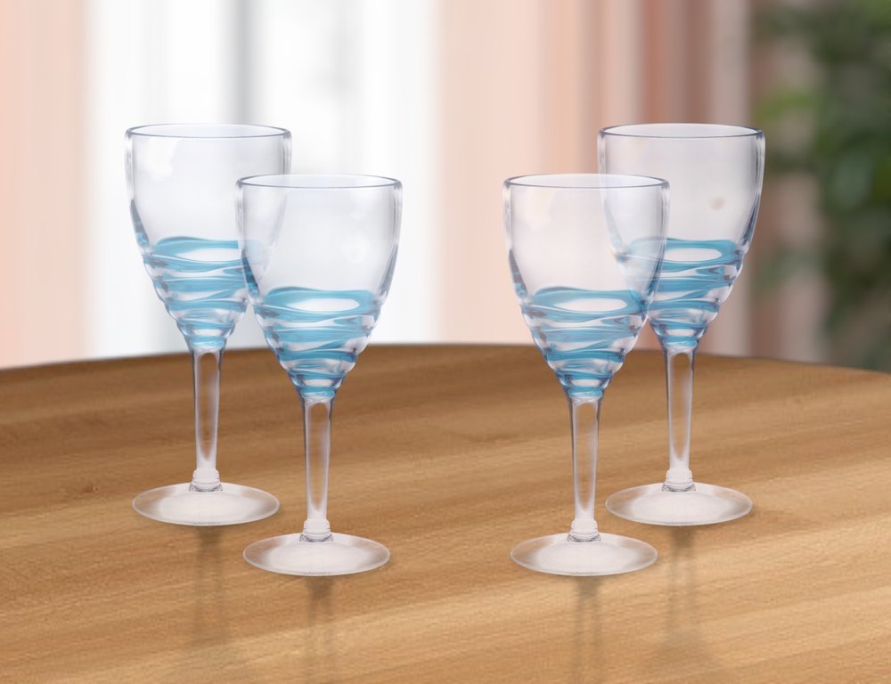 Set of Four Clear and Blue Swirl Acrylic Stemmed All Purpose Wine Glass HomeRoots