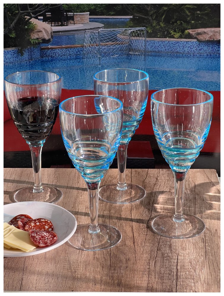 Set of Four Clear and Blue Swirl Acrylic Stemmed All Purpose Wine Glass HomeRoots