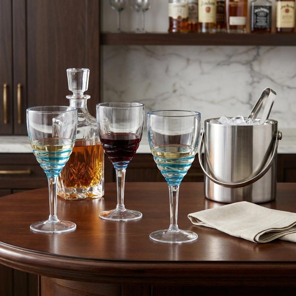 Set of Four Clear and Blue Swirl Acrylic Stemmed All Purpose Wine Glass HomeRoots
