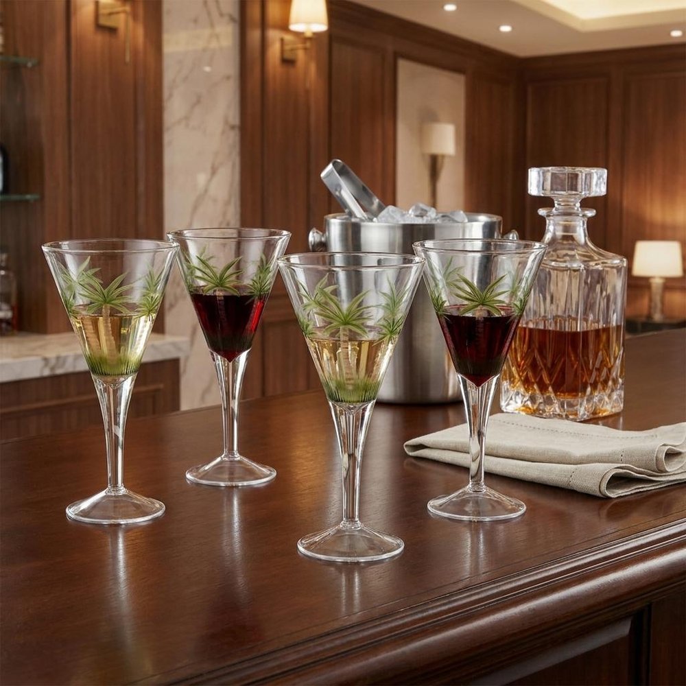 Set of Four Clear and Green Palm Tree Acrylic Stemmed All Purpose Wine Glasses HomeRoots