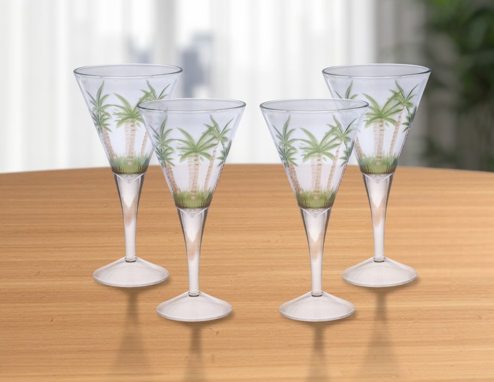 Set of Four Clear and Green Palm Tree Acrylic Stemmed All Purpose Wine Glasses HomeRoots