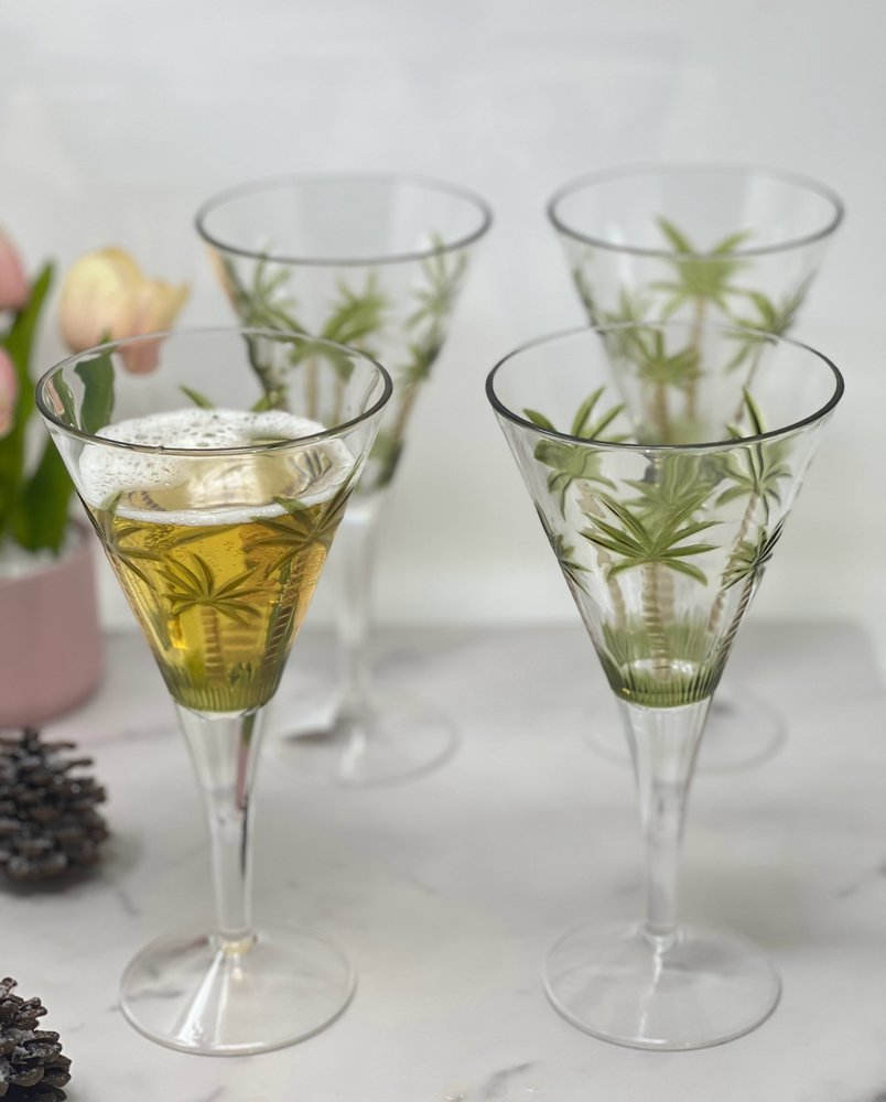 Set of Four Clear and Green Palm Tree Acrylic Stemmed All Purpose Wine Glasses HomeRoots