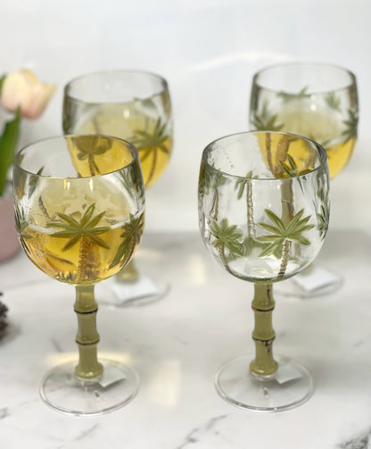 Set of Four Clear and Green Palm Tree Acrylic Stemmed All Purpose Wine Glasses