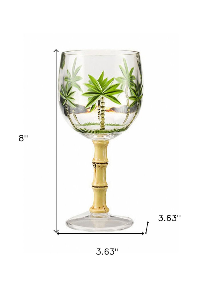 Set of Four Clear and Green Palm Tree Acrylic Stemmed All Purpose Wine Glasses HomeRoots
