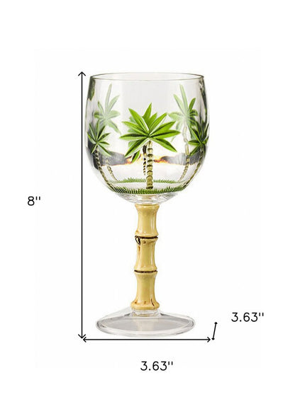 Set of Four Clear and Green Palm Tree Acrylic Stemmed All Purpose Wine Glasses HomeRoots