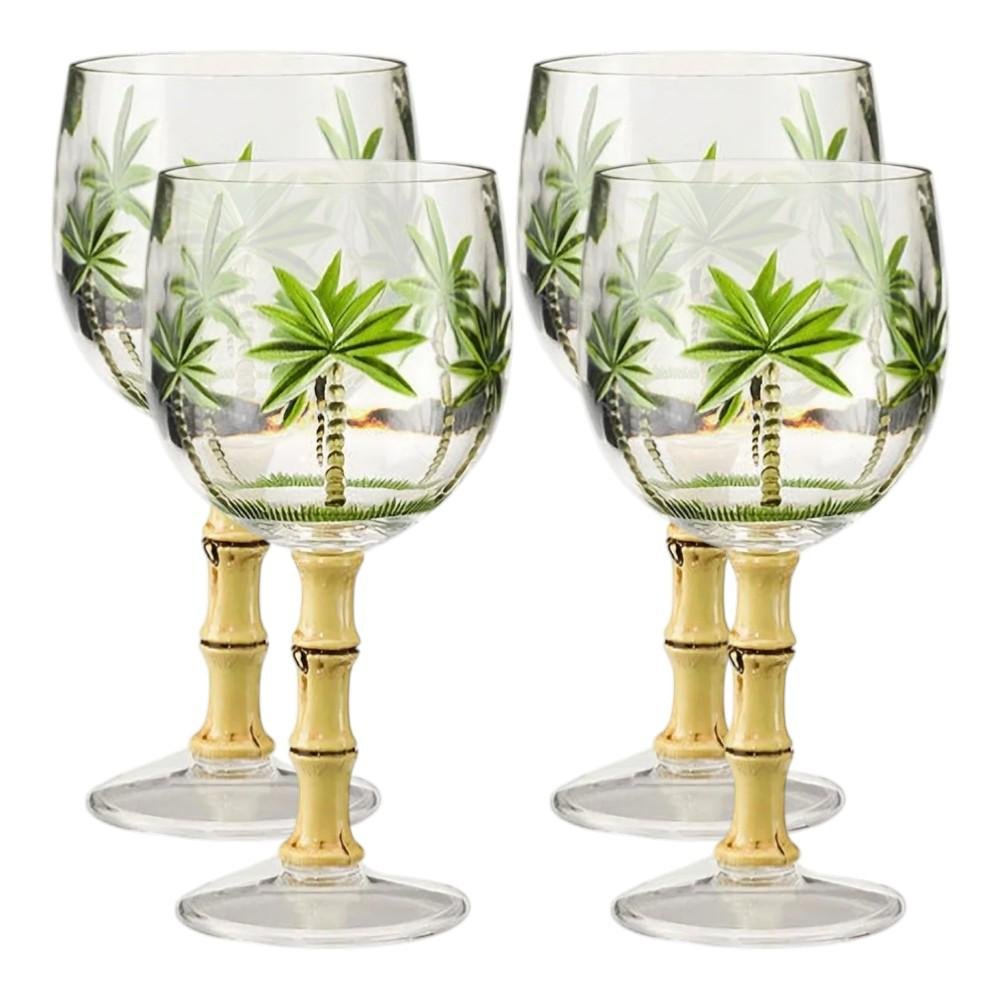 Set of Four Clear and Green Palm Tree Acrylic Stemmed All Purpose Wine Glasses HomeRoots