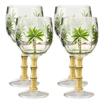 Set of Four Clear and Green Palm Tree Acrylic Stemmed All Purpose Wine Glasses HomeRoots