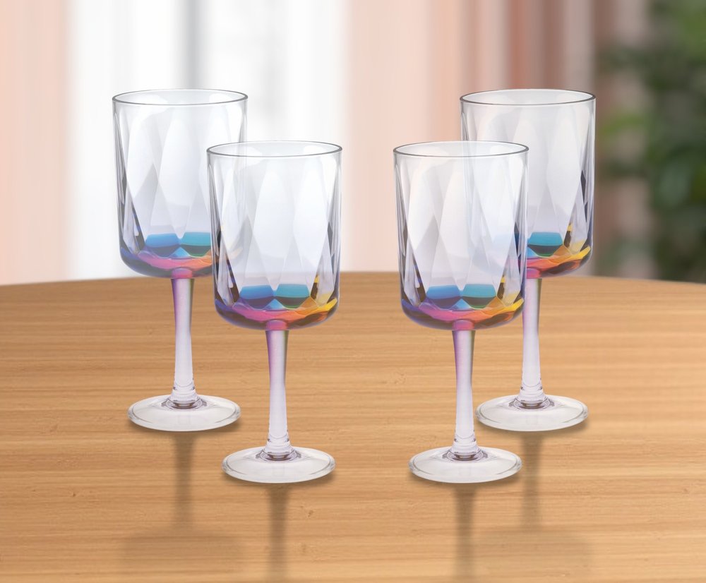 Set of Four Clear and Rainbow Geometric Acrylic Stemmed All Purpose Wine Glasses HomeRoots