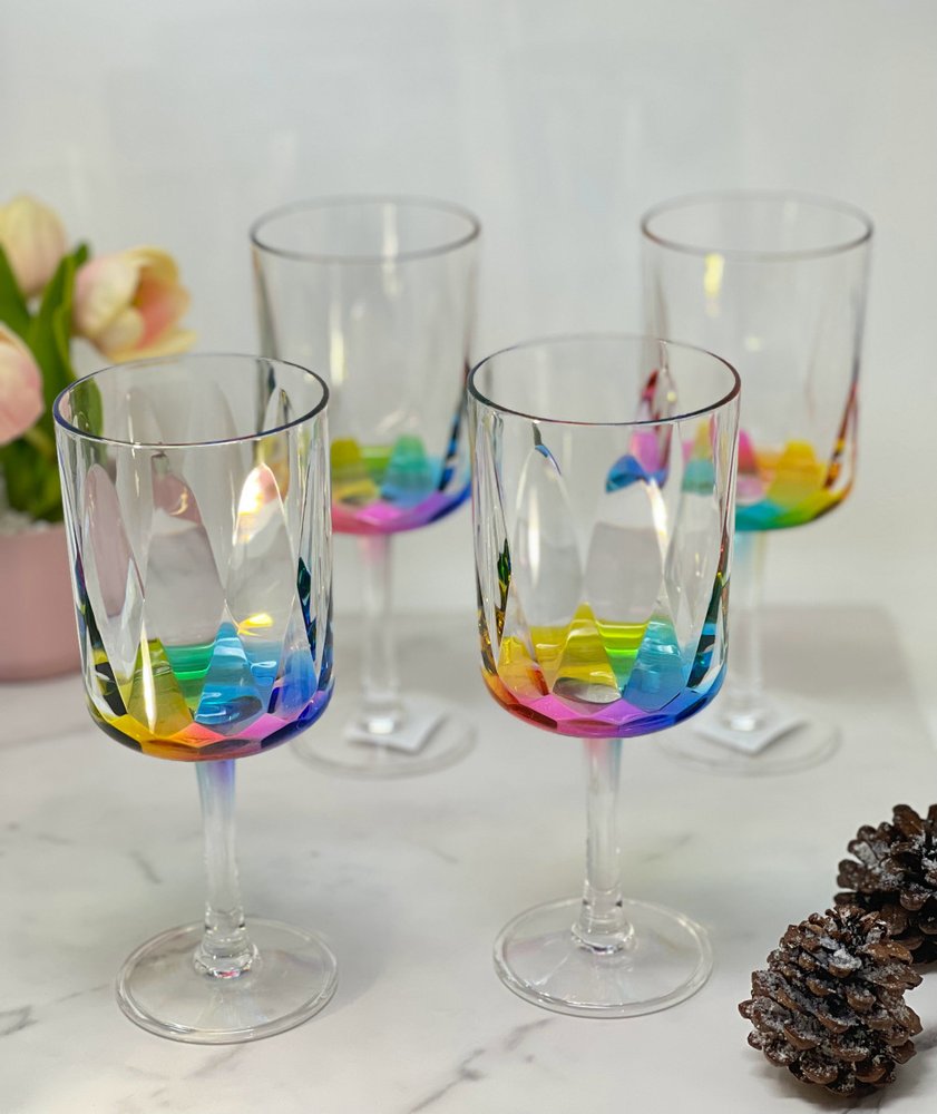 Set of Four Clear and Rainbow Geometric Acrylic Stemmed All Purpose Wine Glasses HomeRoots