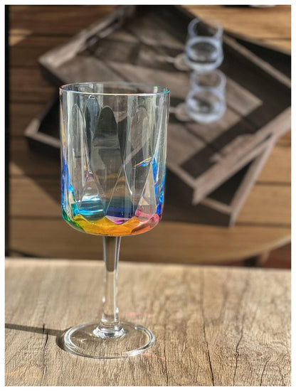 Set of Four Clear and Rainbow Geometric Acrylic Stemmed All Purpose Wine Glasses HomeRoots