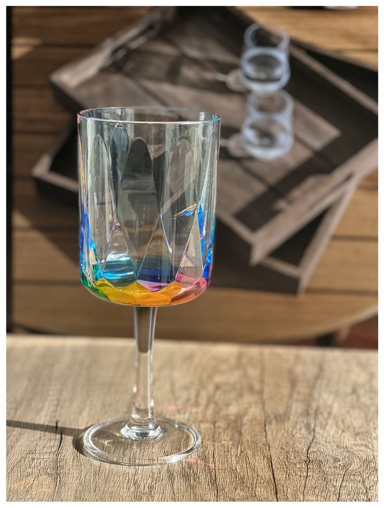 Set of Four Clear and Rainbow Geometric Acrylic Stemmed All Purpose Wine Glasses HomeRoots