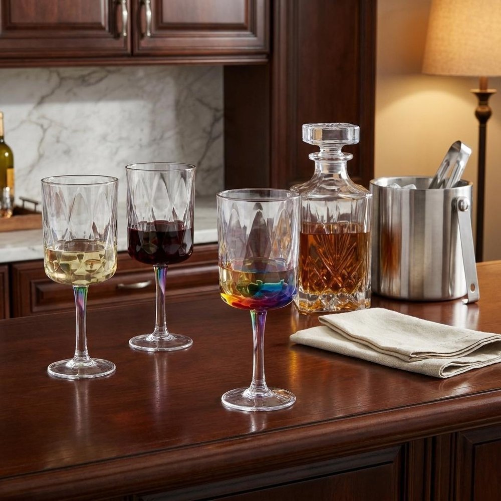 Set of Four Clear and Rainbow Geometric Acrylic Stemmed All Purpose Wine Glasses HomeRoots