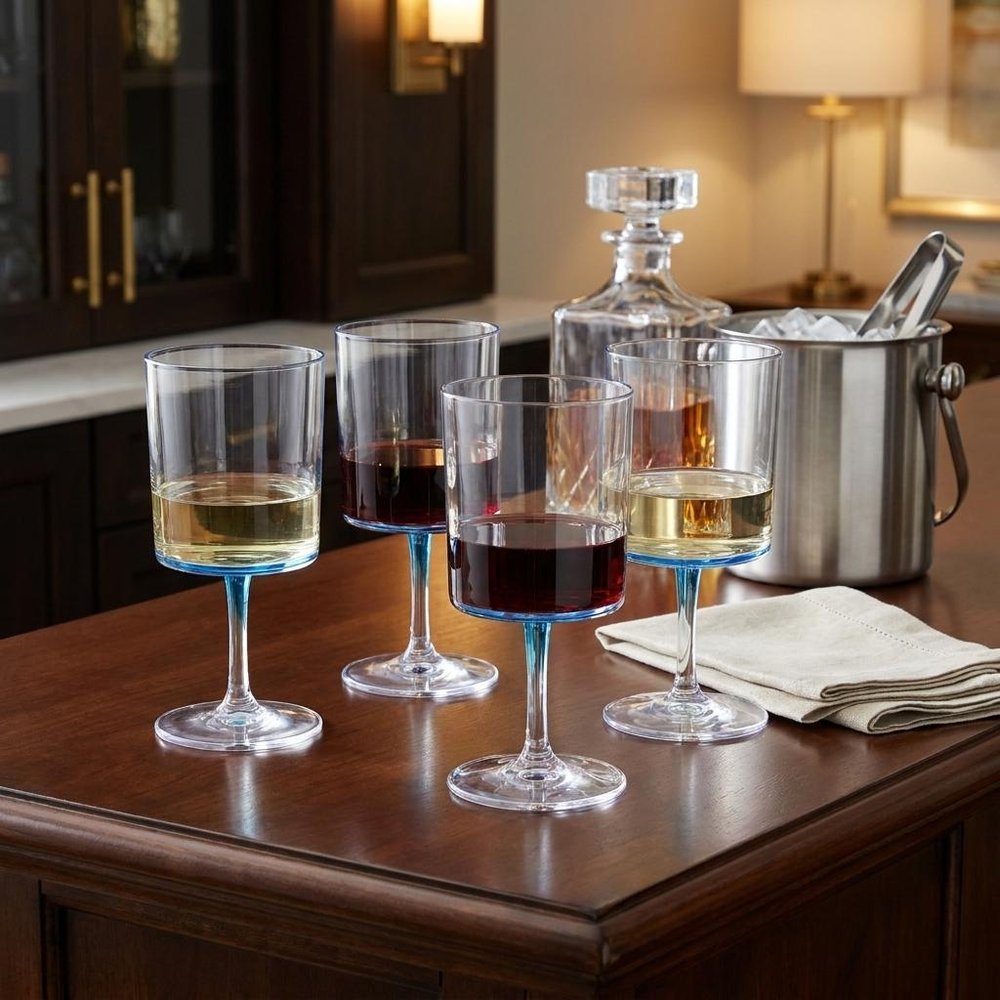 Set of Four Clear and Blue Acrylic Stemmed All Purpose Wine Glass HomeRoots
