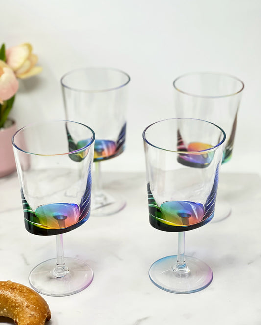 Set of Four Clear and Rainbow Geometric Acrylic Stemmed All Purpose Wine Glasses