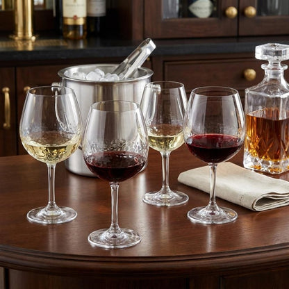 Set of Four Clear Dimpled Tritan Plastic Balloon or Round Bowl Stemmed All Purpose Wine Glasses HomeRoots