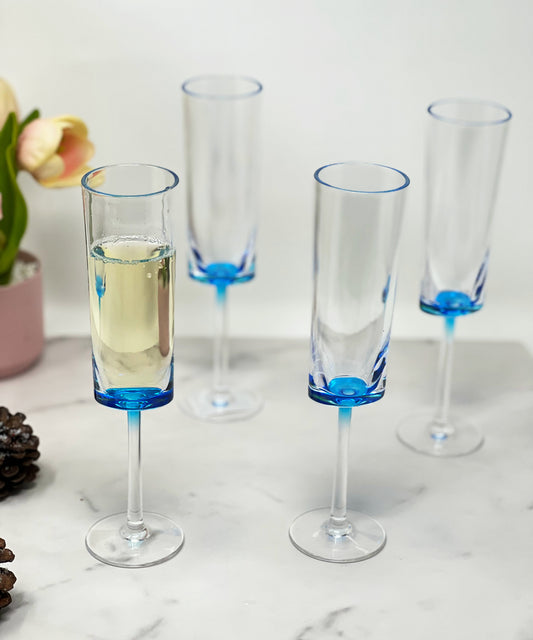 Set of Four Clear and Blue Acrylic Stemmed Flutes