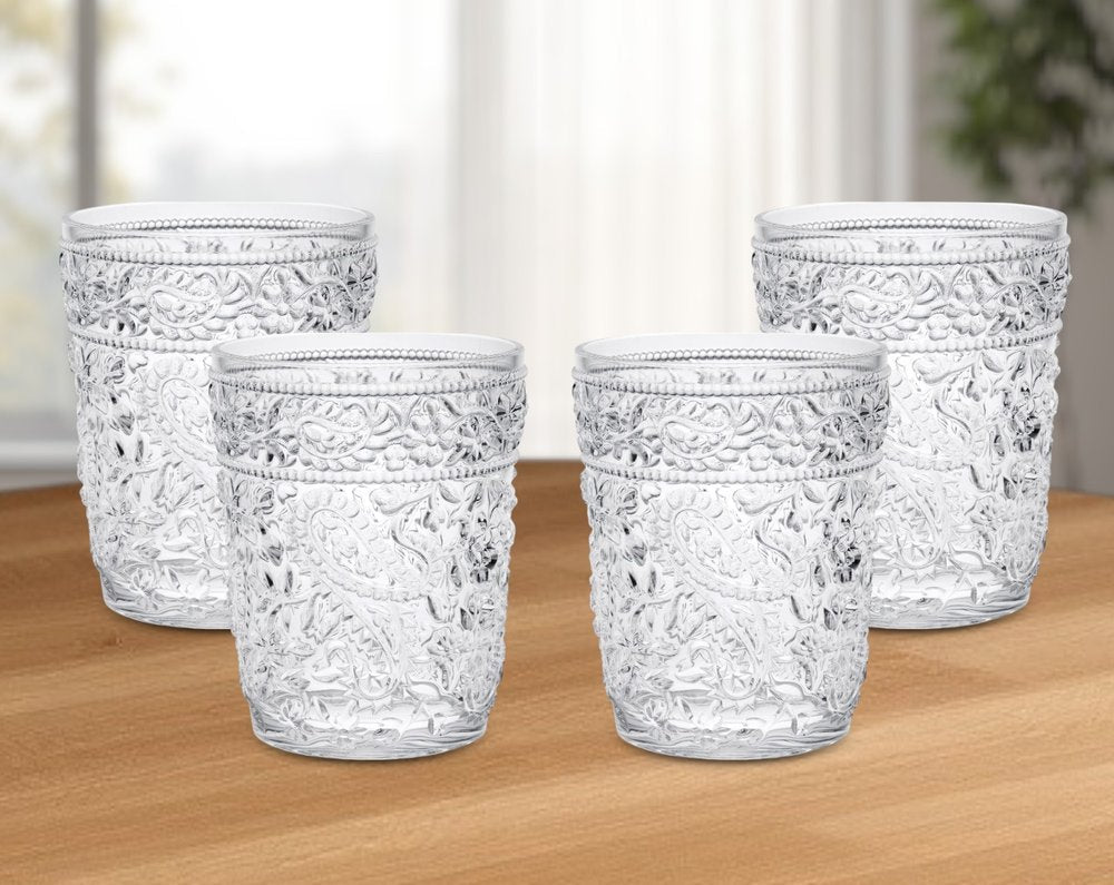 Set of Four Clear Paisley Acrylic Stemless Whiskey Glass HomeRoots