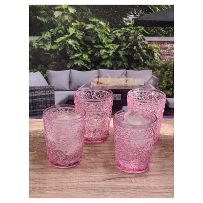 Set of Four Pink Paisley Acrylic Stemless Whiskey Glasses HomeRoots