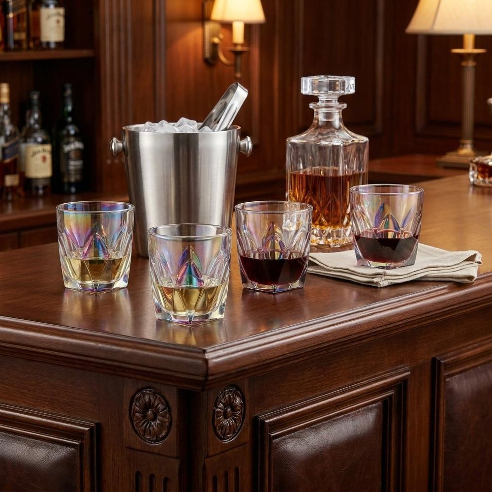 Set of Four Rainbow Geometric Acrylic Stemless Whiskey Glass HomeRoots
