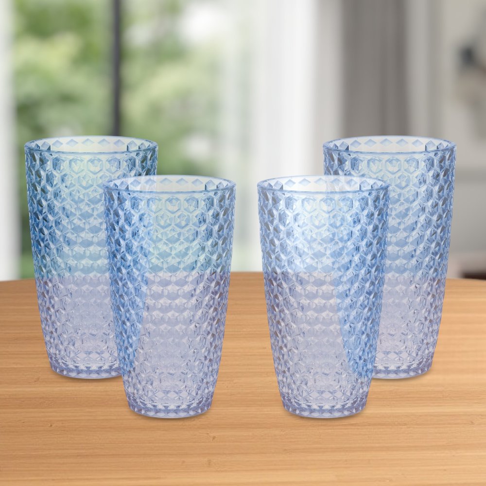 Set of Four Blue Geometric Acrylic Stemless Highball Glass HomeRoots