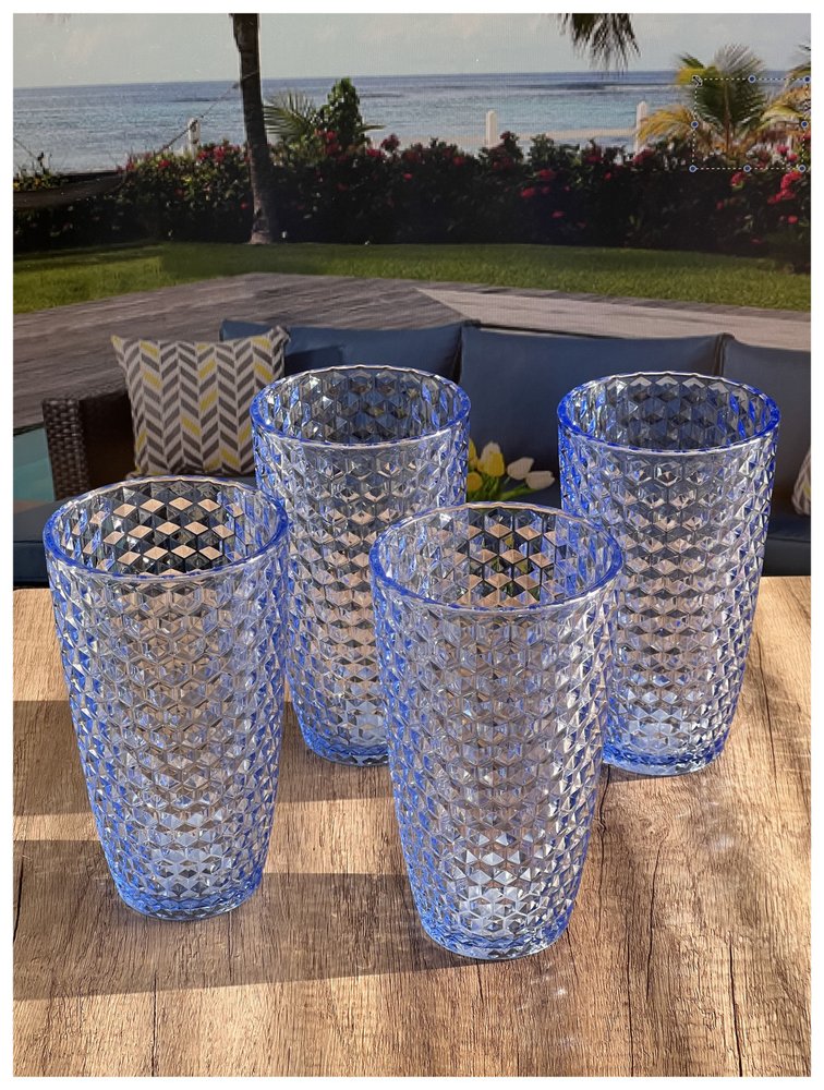 Set of Four Blue Geometric Acrylic Stemless Highball Glass HomeRoots