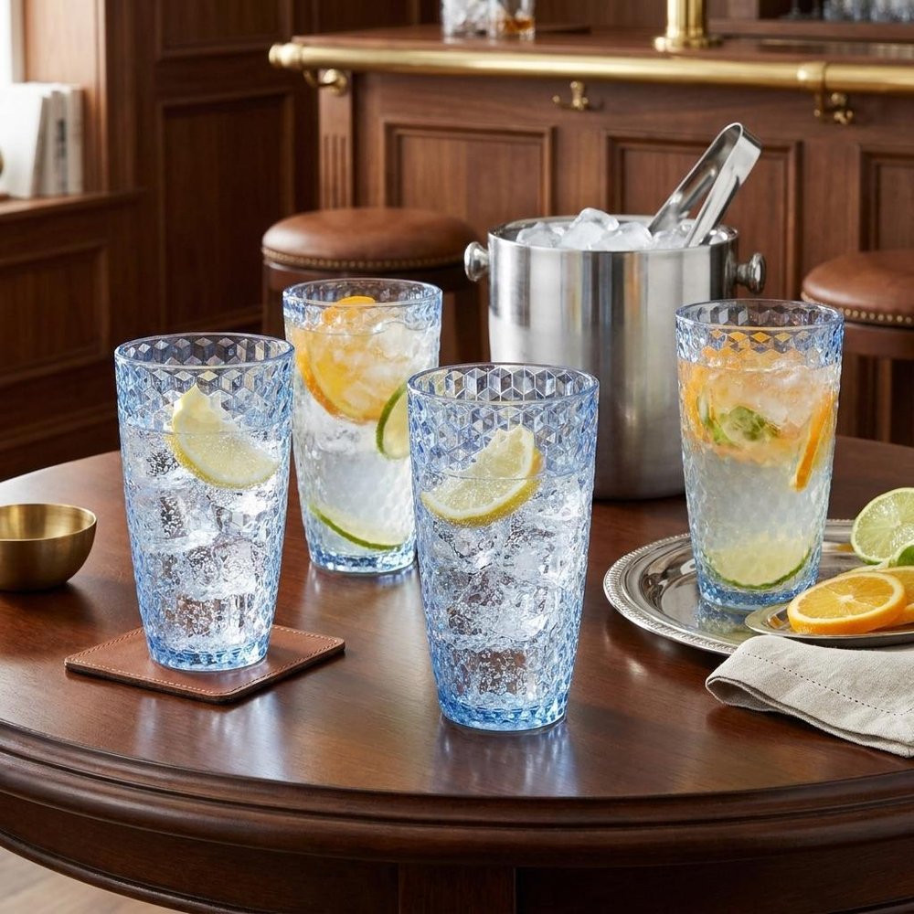 Set of Four Blue Acrylic Stemless Highball Glass HomeRoots
