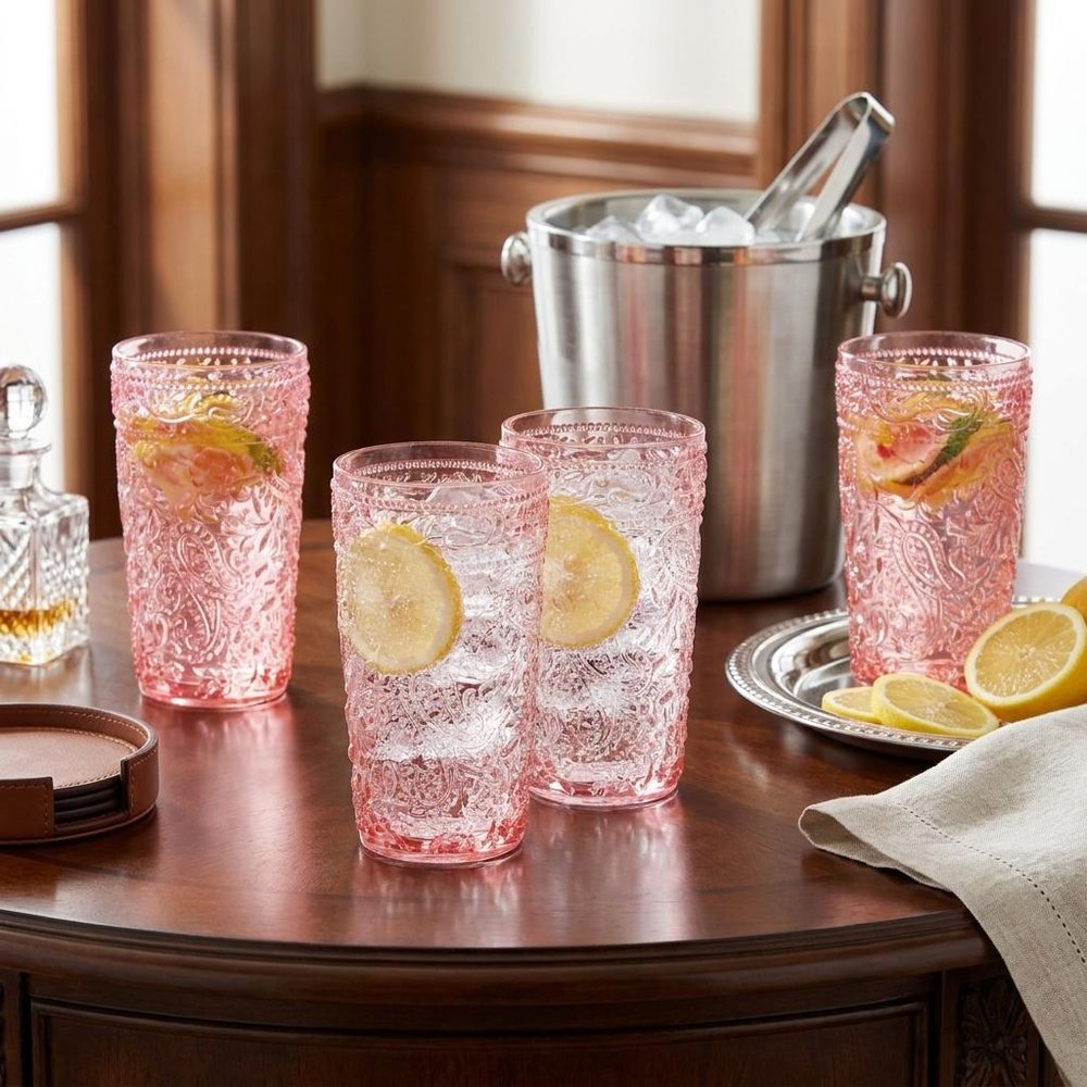 Set of Four Pink Acrylic Stemless Highball Glass HomeRoots