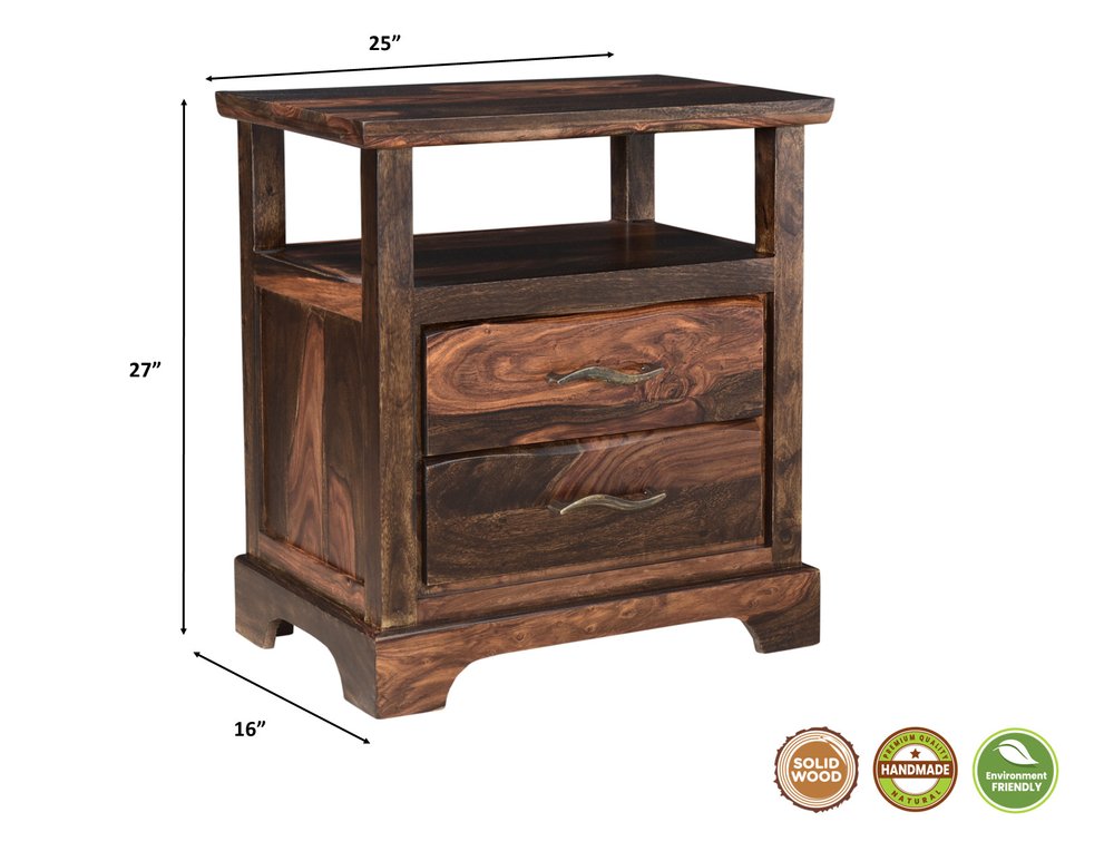 27" Dark Brown Solid Wood Two Drawer Nightstand — view 1