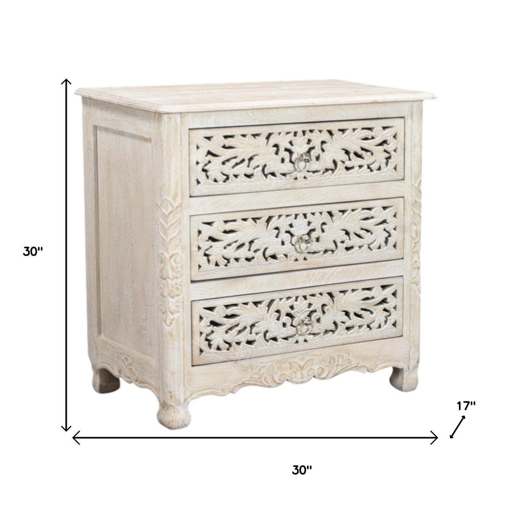 30" White Solid Wood Distressed Three Drawer Nightstand HomeRoots