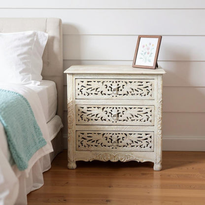 30" White Solid Wood Distressed Three Drawer Nightstand HomeRoots