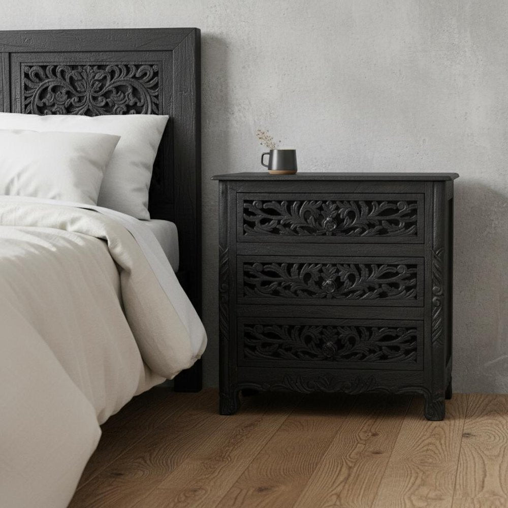 30" Black Solid Wood Distressed Three Drawer Nightstand HomeRoots
