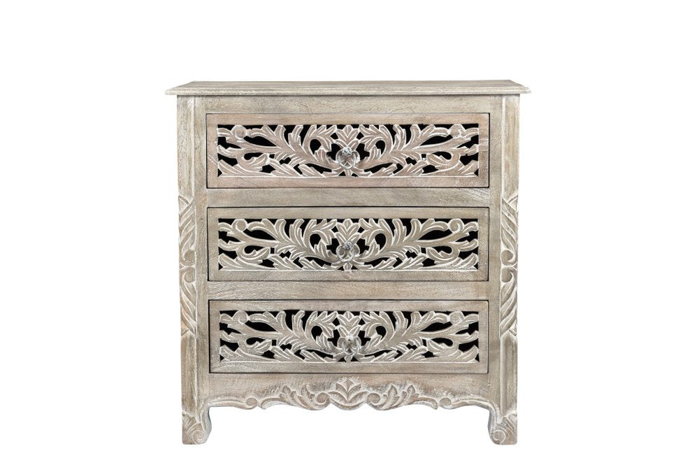 30" Distressed Gray Three Drawer Floral Carved Solid Wood Nightstand — view 2